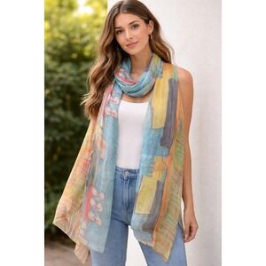 Colorful Abstract Print Lightweight Kimono Shawl 68 L X 30 W Scarf Wrap -2862